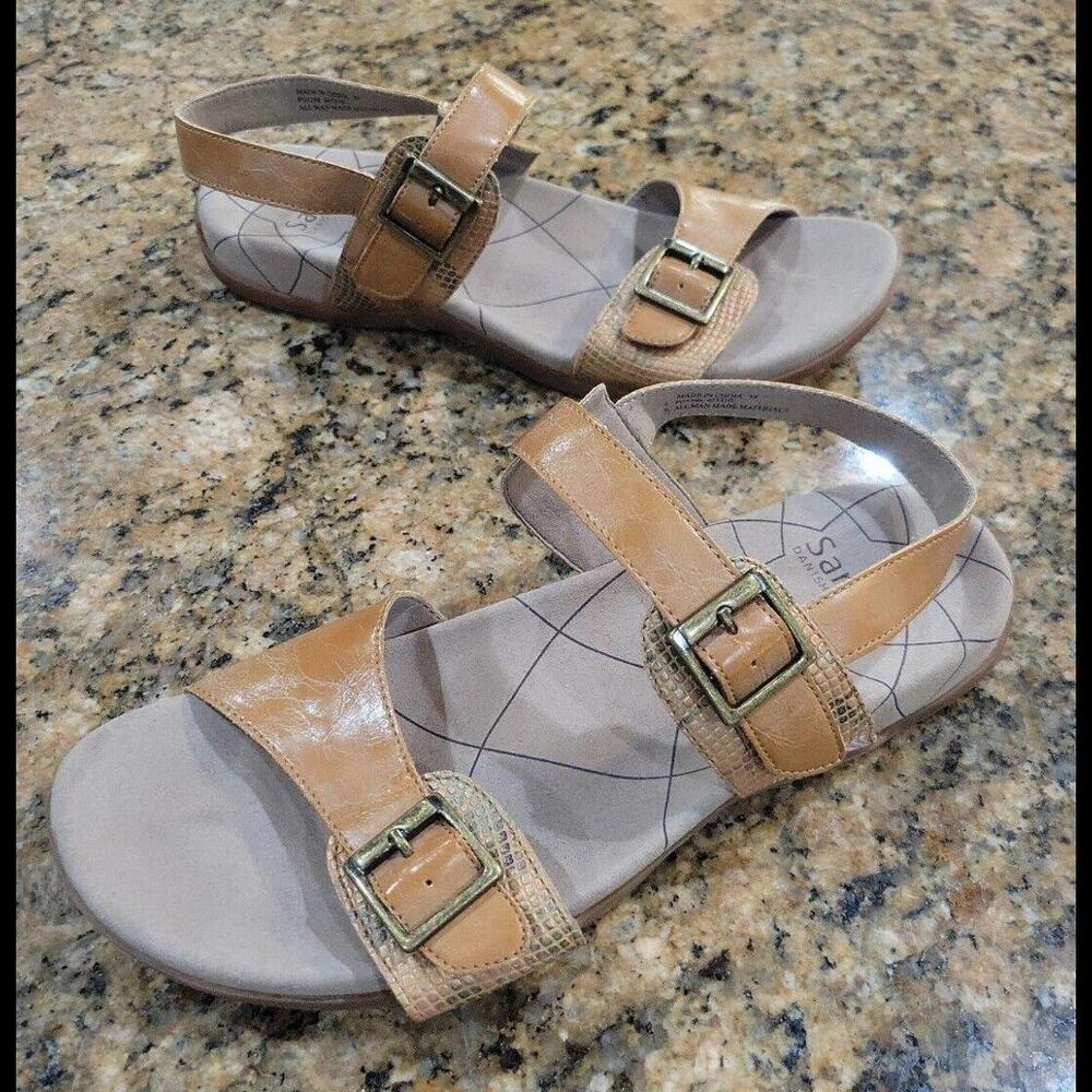Sanita Candace Tan Brown Buckle Vegan Slingback Sandals Flats Womens Shoes 39 9